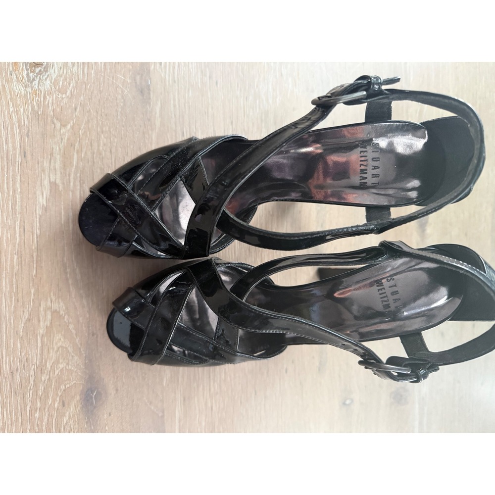 Stuart Weitzman Black Patent Leather Heels Sandals Peep‎ Toe Ankle Strap 7